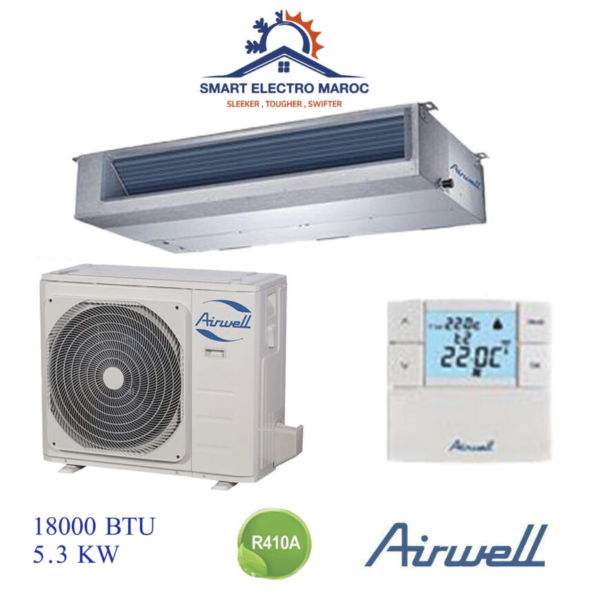 Climatiseur Gainable Airwell 18000 BTU R410 5.3 kW, idéal pour moyenne surface, refroidissement efficace et respectueux de l'environnement.