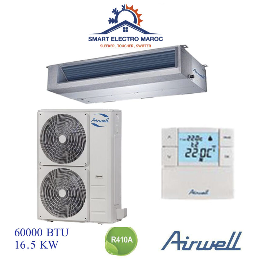 Climatiseur Gainable Airwell 60000 BTU 16.5 kW, idéal pour grandes surfaces, refroidissement efficace et respectueux de l’environnement.