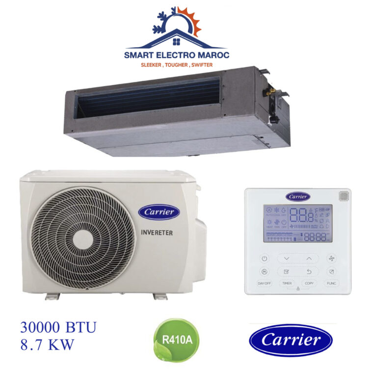 Climatiseur Gainable Carrier 30000 BTU Inverter 8.7 kW, performance et économie d’énergie pour les moyennes surfaces.