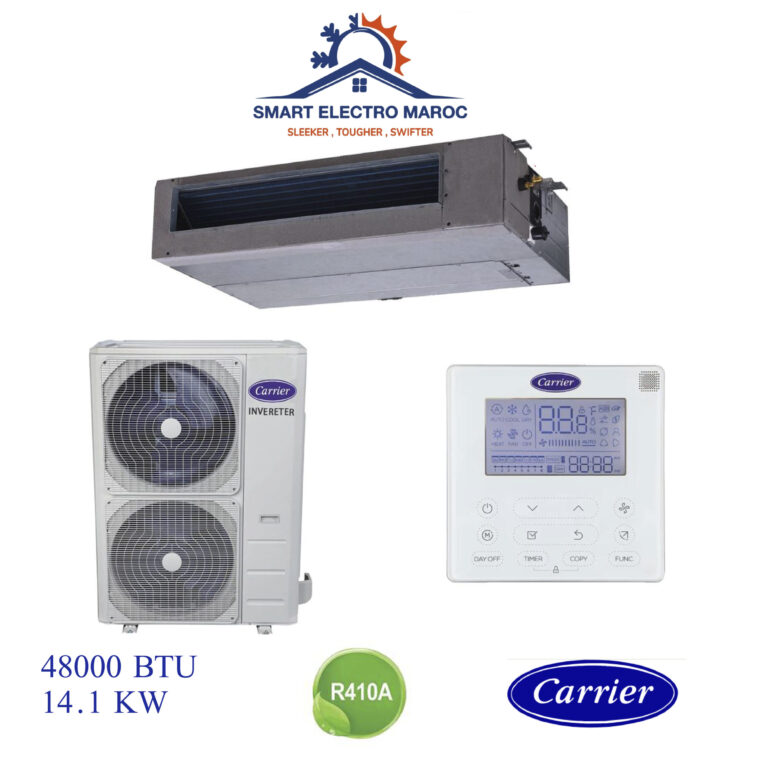 Climatiseur Gainable Carrier 48000 BTU Inverter 14.1 kW, performance et économie d’énergie pour les grandes surfaces.