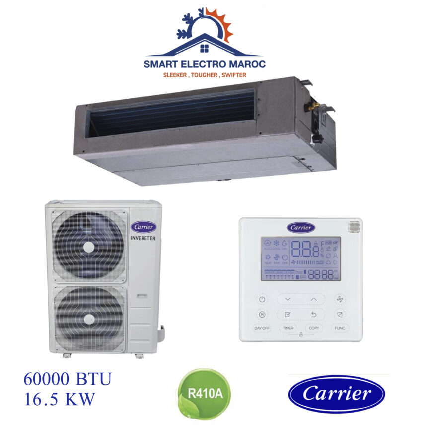 Climatiseur Gainable Carrier 60000 BTU R410 16.5 kW, refroidissement performant pour les très grands espaces.