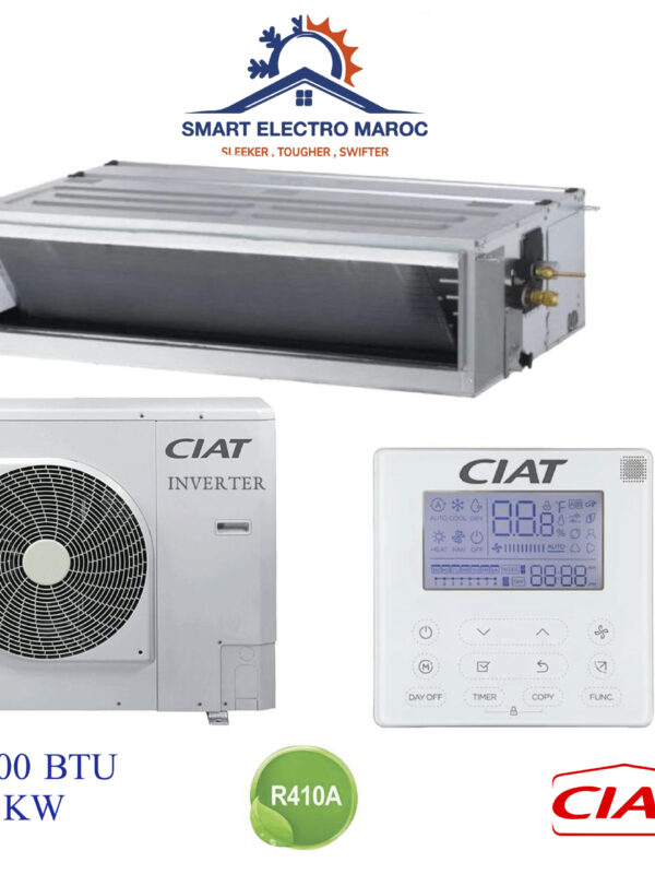 Climatiseur Gainable Ciat 12000 BTU Inverter 3.5 kW, idéal pour les petits espaces, offrant confort et économie d’énergie.
