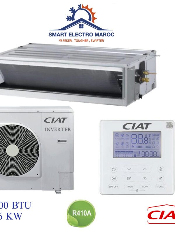 Climatiseur Gainable Ciat 36000 BTU Inverter 10.5 kW, idéal pour les grandes surfaces, offrant confort et économies d’énergie.