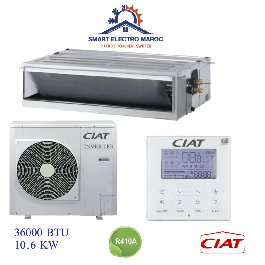 Climatiseur Gainable Ciat 36000 BTU Inverter 10.5 kW, idéal pour les grandes surfaces, offrant confort et économies d’énergie.