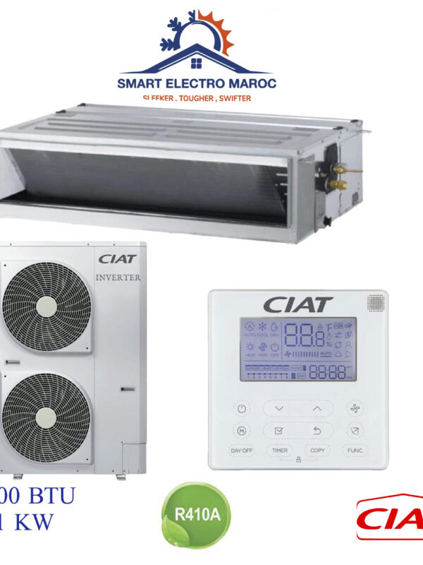 Climatiseur Gainable Ciat 48000 BTU Inverter 14.1 kW, idéal pour les grandes surfaces, offrant confort et économie d’énergie.