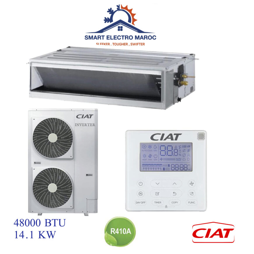 Climatiseur Gainable Ciat 48000 BTU Inverter 14.1 kW, idéal pour les grandes surfaces, offrant confort et économie d’énergie.