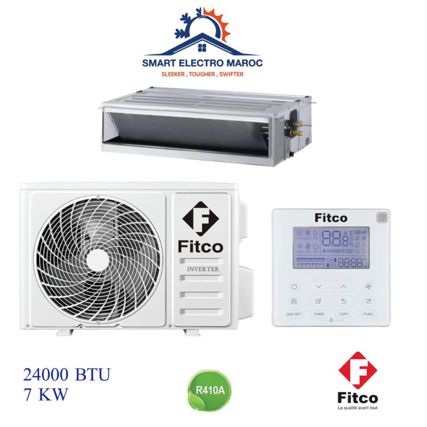 Climatiseur Gainable Fitco 24000 BTU Inverter 7 kW, pour moyenne et grande surface, avec installation encastrée et efficace.