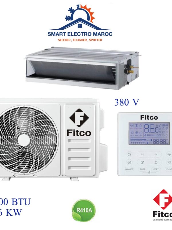 Climatiseur Gainable Fitco 36000 BTU 10.6 kW 380V, pour grandes surfaces, avec installation discrète et efficace.