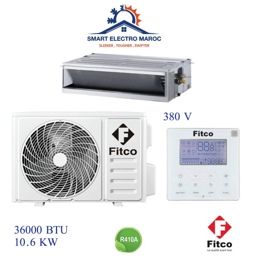 Climatiseur Gainable Fitco 36000 BTU 10.6 kW 380V, pour grandes surfaces, avec installation discrète et efficace.