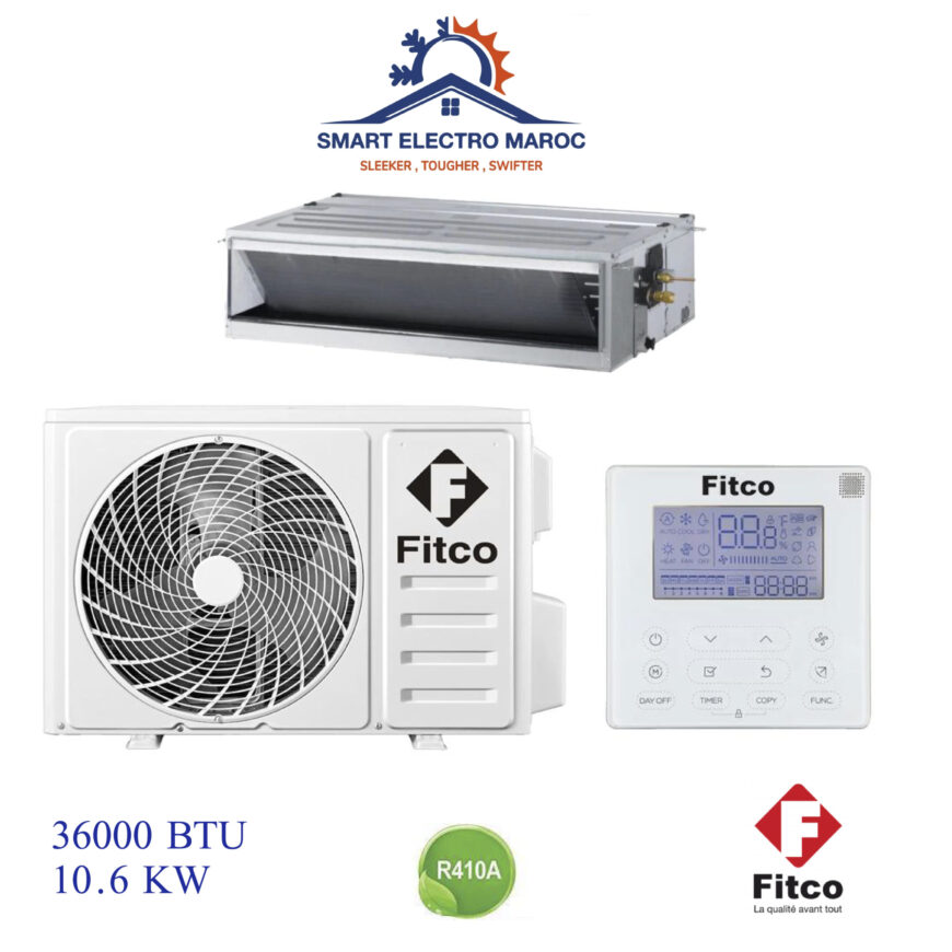 Climatiseur Gainable Fitco 36000 BTU 10.6 kW, pour grandes surfaces, avec installation discrète et efficace.