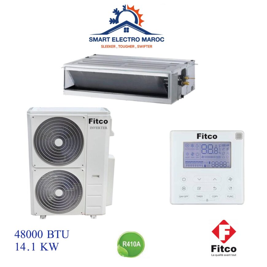 Climatiseur Gainable Fitco 48000 BTU Inverter 14.1 kW, idéal pour grande surface avec installation discrète et performance énergétique.