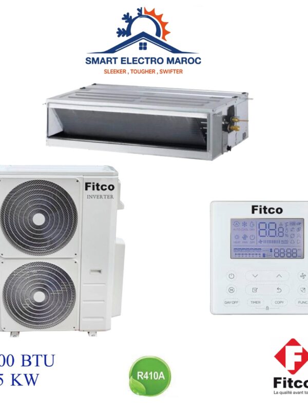 Climatiseur Gainable Fitco 60000 BTU Inverter 16.5 kW, idéal pour grande surface avec installation encastrée et consommation optimisée.