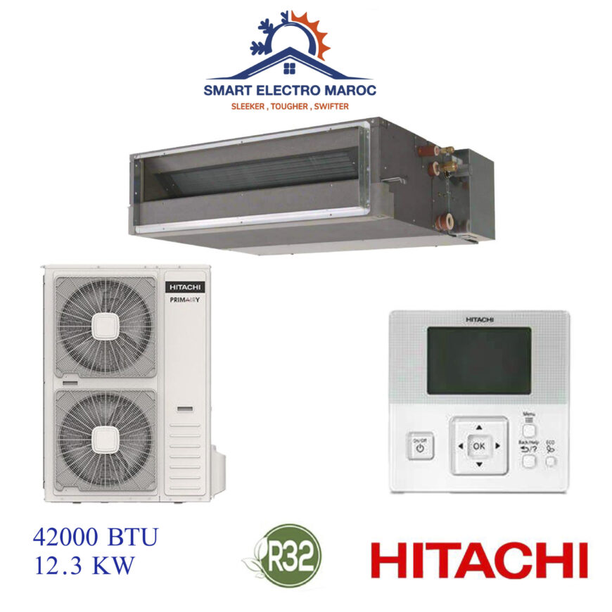Climatiseur Gainable HITACHI 42000 BTU Inverter 12.3 kW, refroidissement puissant et discret.