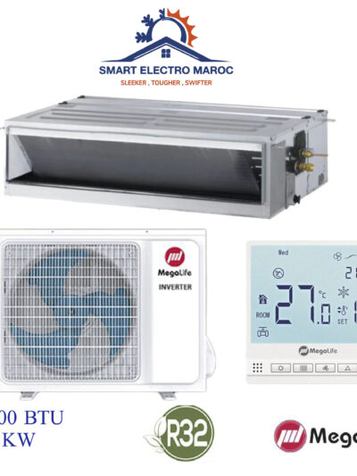 Climatiseur Gainable Mégalife 12000 BTU Inverter R32, refroidissement efficace et discret pour petites à moyennes surfaces.