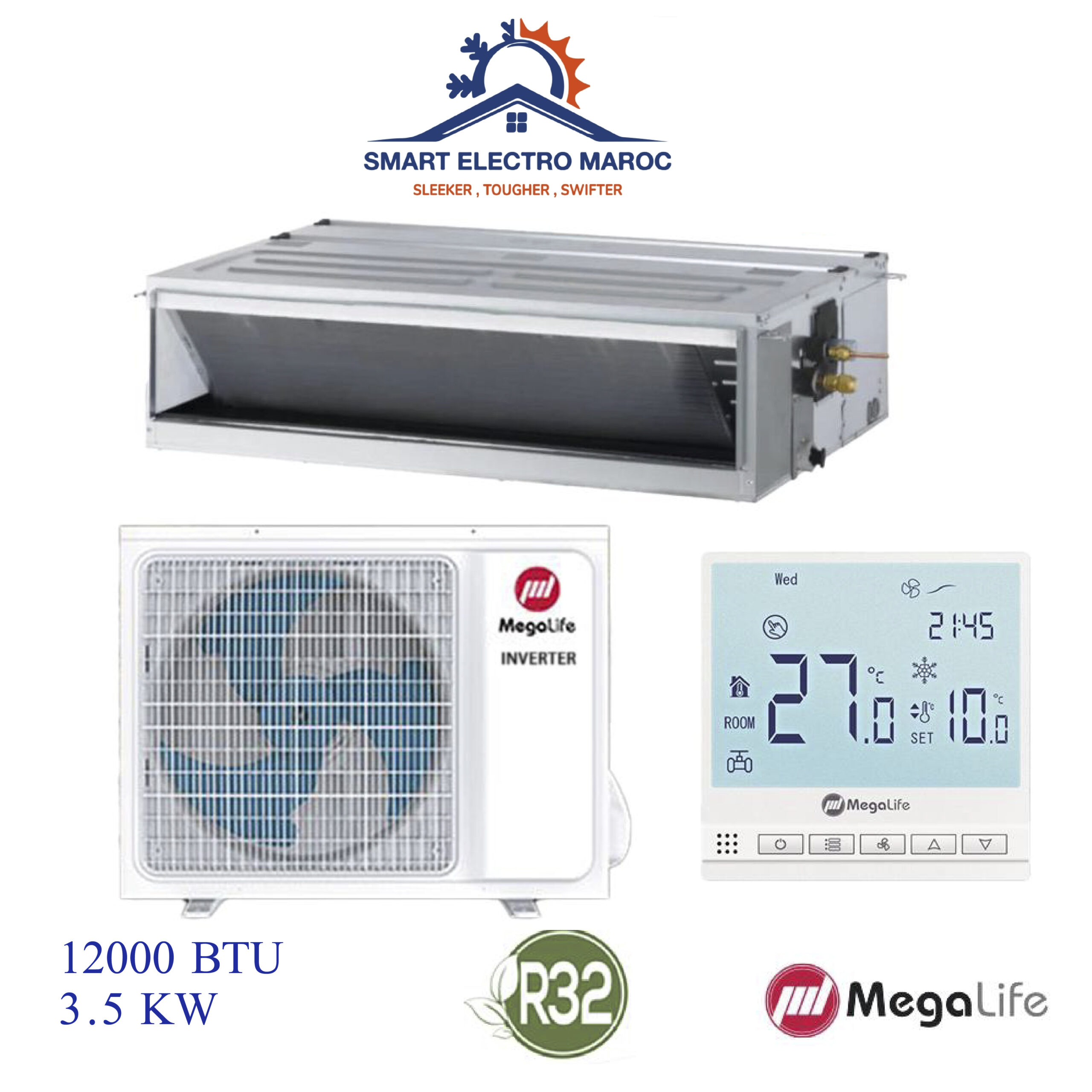 Climatiseur Gainable Mégalife 12000 BTU Inverter R32, refroidissement efficace et discret pour petites à moyennes surfaces.