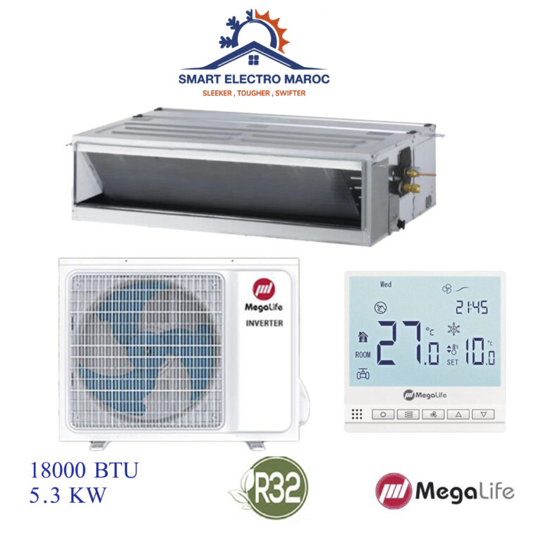 Climatiseur Gainable Mégalife 18000 BTU Inverter R32, refroidissement efficace et discret pour moyennes à grandes surfaces.