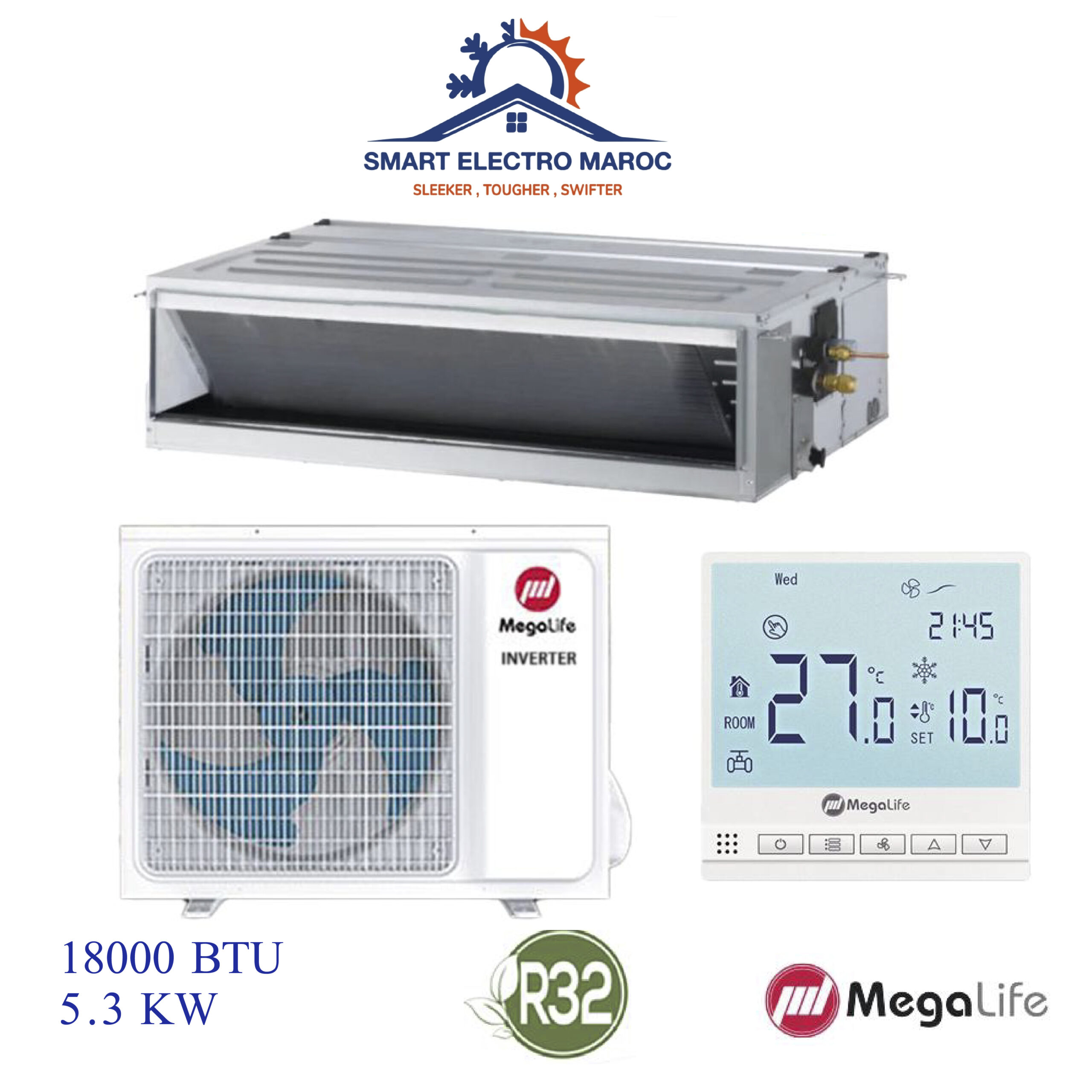 Climatiseur Gainable Mégalife 18000 BTU Inverter R32, refroidissement efficace et discret pour moyennes à grandes surfaces.