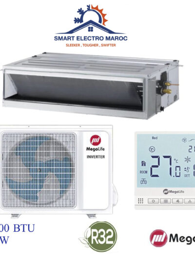 Climatiseur Gainable Mégalife 24000 BTU Inverter R32, refroidissement performant et discret pour grandes surfaces.