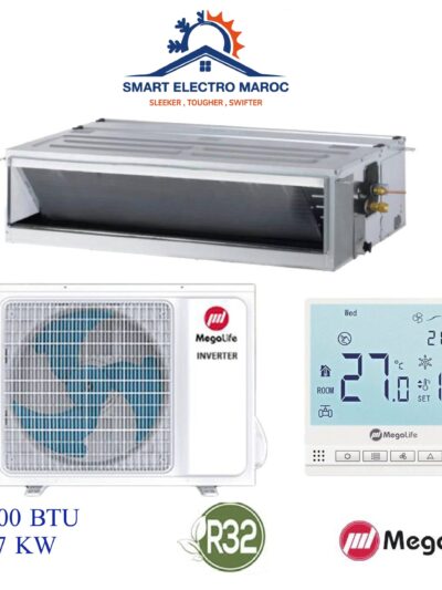 Climatiseur Gainable Mégalife 30000 BTU Inverter R32, refroidissement rapide et discret pour grandes surfaces.