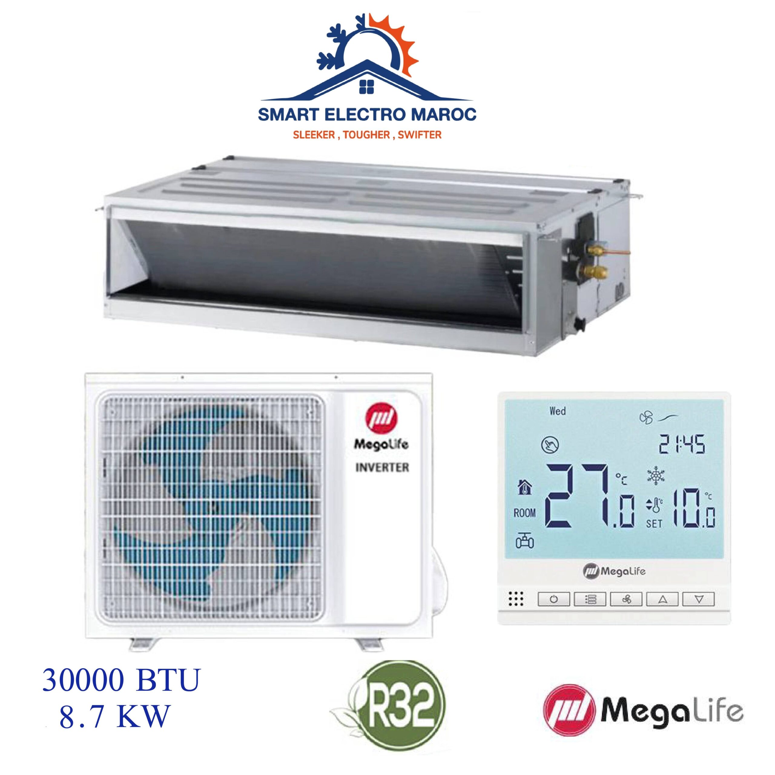 Climatiseur Gainable Mégalife 30000 BTU Inverter R32, refroidissement rapide et discret pour grandes surfaces.