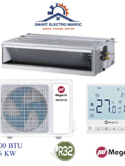 Climatiseur Gainable Mégalife 36000 BTU Inverter R32, refroidissement rapide et discret pour très grandes surfaces.