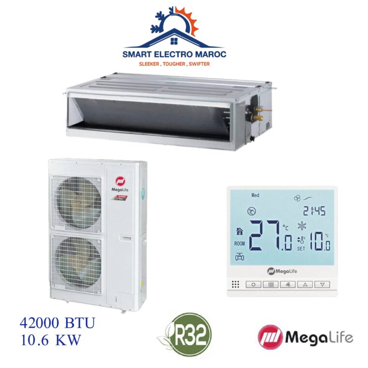 Climatiseur Gainable Mégalife 42000 BTU Inverter R32, refroidissement rapide et discret pour très grandes surfaces.