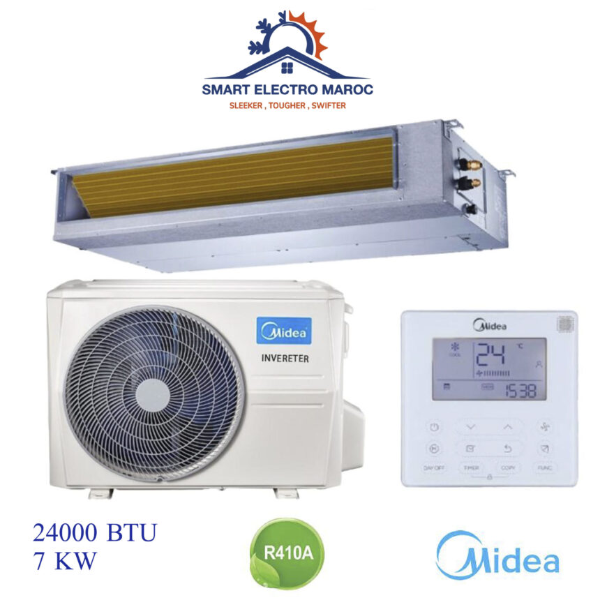 Climatiseur Gainable Midea 24000 BTU Inverter 7 kW, idéal pour les surfaces moyennes, offrant confort et économies d’énergie.