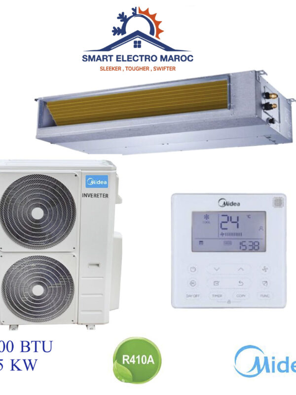 Climatiseur Gainable Midea 60000 BTU Inverter 16.5 kW, idéal pour les très grandes surfaces, avec performance et économies d’énergie.