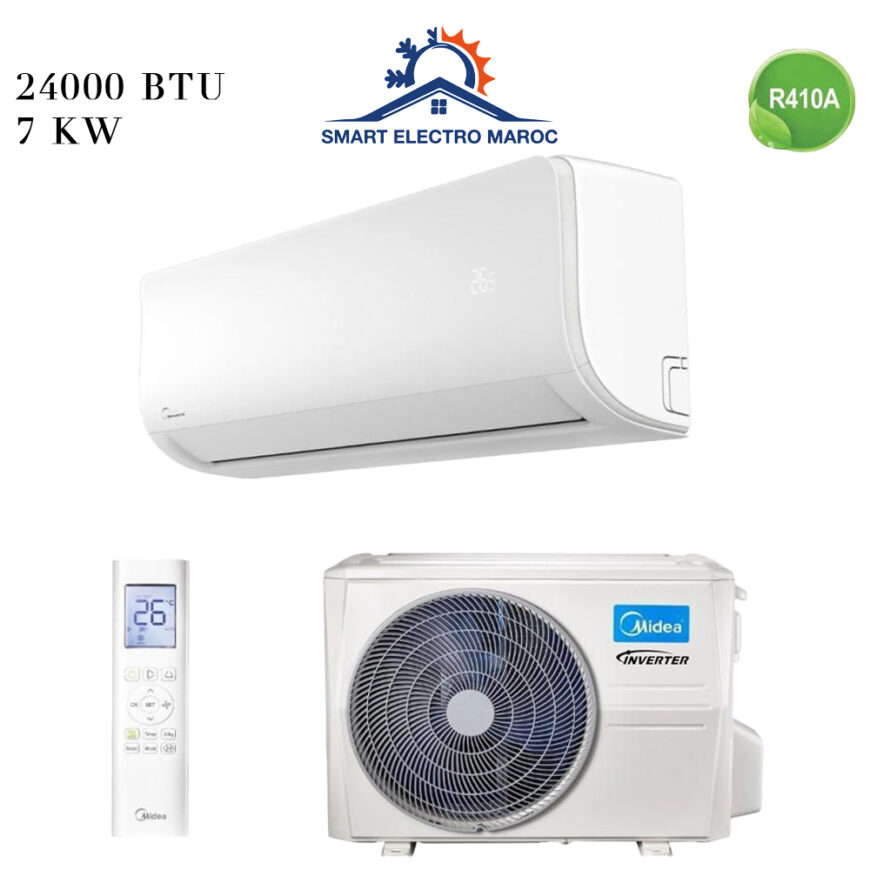 Climatiseur Midea 24000 BTU Inverter, économique et performant pour de grandes surfaces, avec gaz R410, respectueux de l’environnement.
