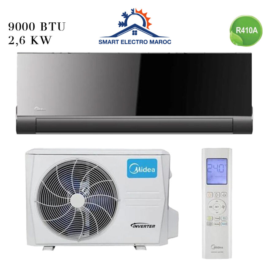 Climatiseur Midea 9000 BTU Inverter Black Mirror, performance et design moderne.