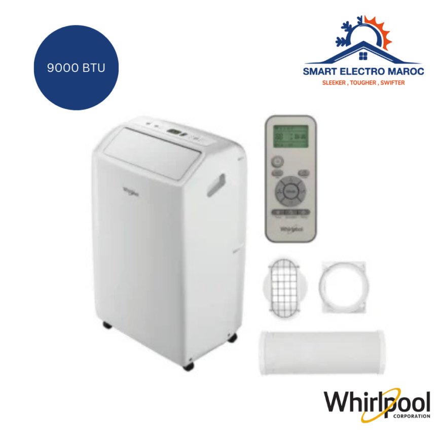 Climatiseur Mobile Whirlpool 9000 BTU, refroidissement rapide et flexible au Maroc.