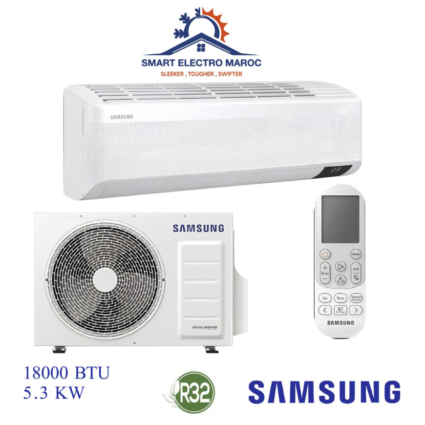 Climatiseur Samsung WindFree 18000 BTU, rafraîchissement homogène et silencieux, économique et écologique avec gaz R32.
