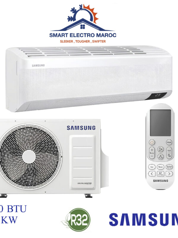 Climatiseur Samsung WindFree 9000 BTU, rafraîchissement doux et sans courant d’air, économique et écologique.