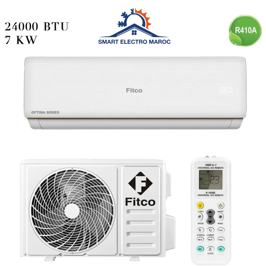 Climatiseur Split Mural Fitco 24000 BTU R410, puissant et respectueux de l’environnement.