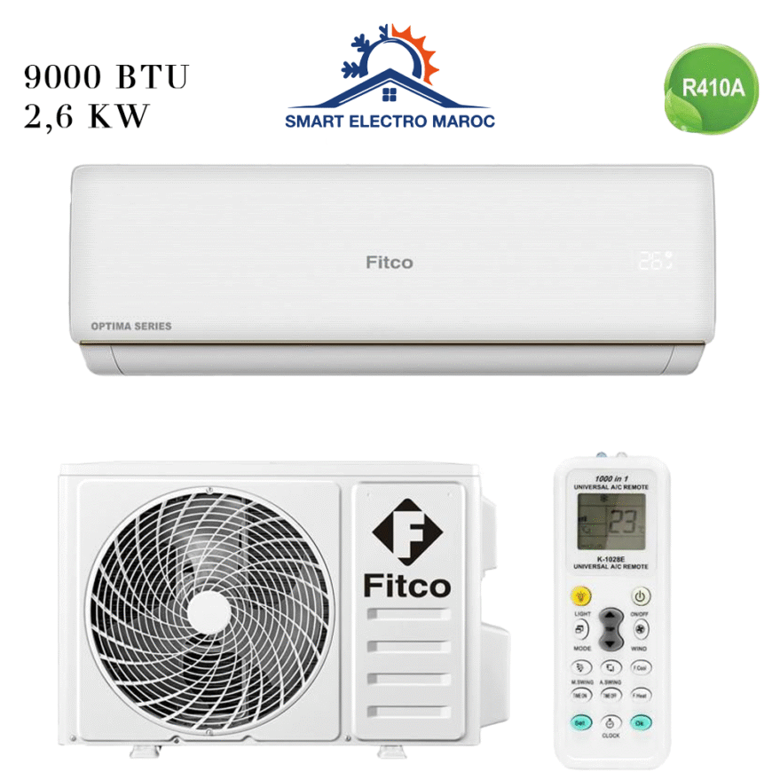 Climatiseur Split Mural Fitco 9000 BTU R410, performant et respectueux de l’environnement.