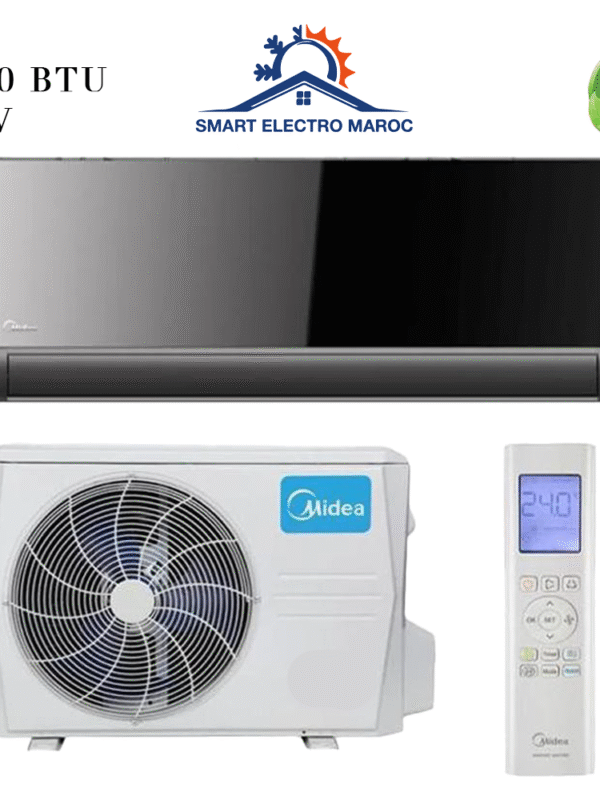 Climatiseur Split Mural Midea 24000 BTU Black Mirror, design élégant et refroidissement puissant avec gaz R410, respectueux de l’environnement.