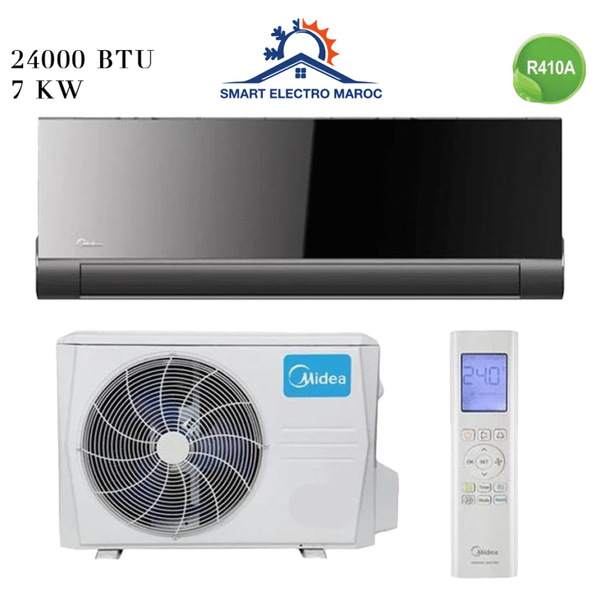 Climatiseur Split Mural Midea 24000 BTU Black Mirror, design élégant et refroidissement puissant avec gaz R410, respectueux de l’environnement.