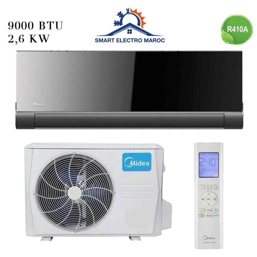 Climatiseur Split Mural Midea 9000 BTU Black Mirror, élégant et performant, avec gaz R410, respectueux de l’environnement.