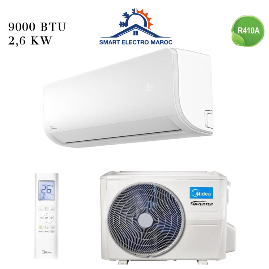 Climatiseur Split Mural Midea 9000 BTU R410, économique et performant, avec gaz respectueux de l’environnement.