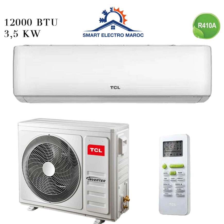 Climatiseur TCL 12000 BTU Smart Inverter, performant et économique, avec installation en option et livraison gratuite au Maroc.