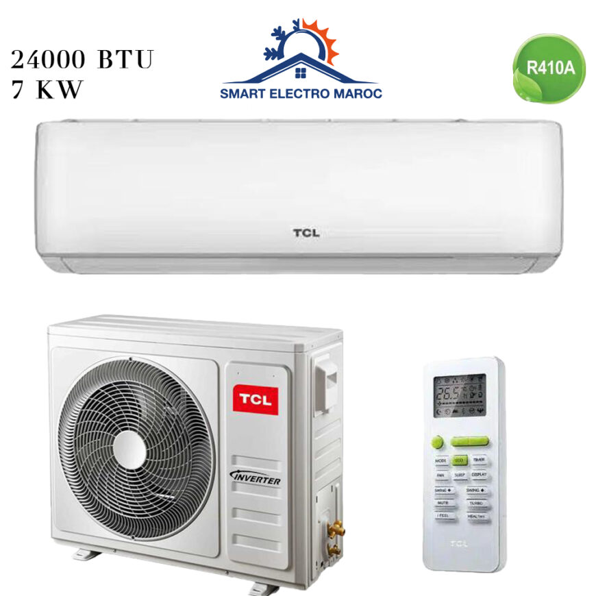 Climatiseur TCL 24000 BTU Smart Inverter, puissant et économe, avec installation en option et livraison gratuite au Maroc.