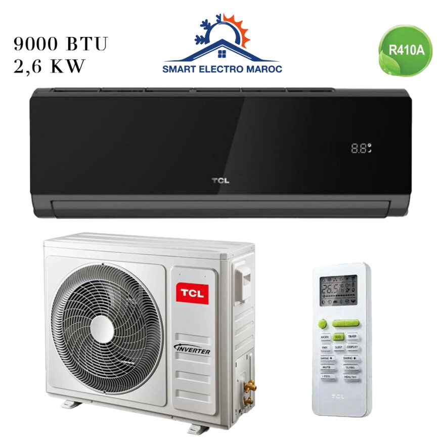 Climatiseur TCL 9000 BTU Inverter Black, économique et performant, avec installation en option et livraison gratuite au Maroc.