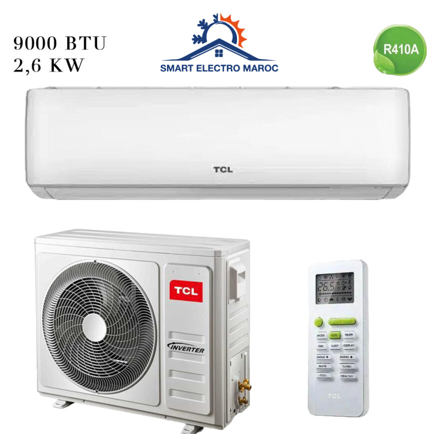 Climatiseur TCL 9000 BTU Smart Inverter, efficace et économique, avec installation en option et livraison gratuite au Maroc.