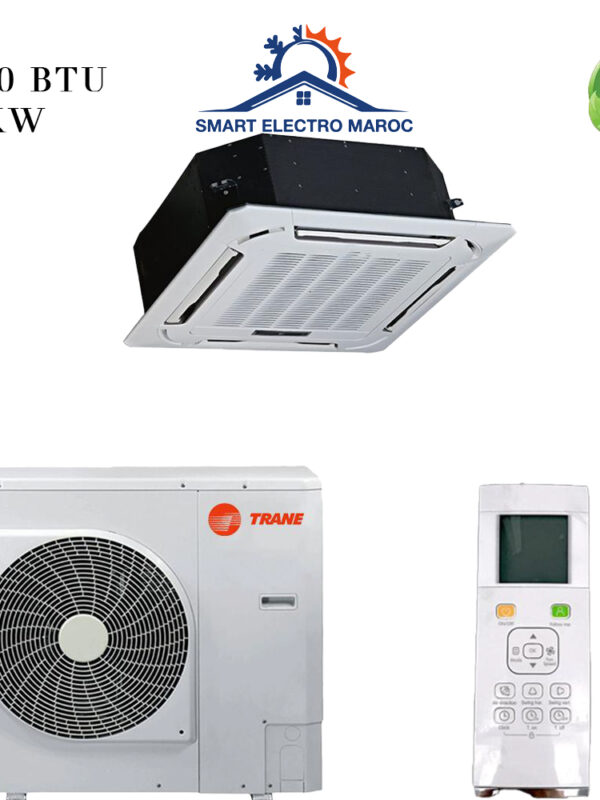 Climatiseur TRANE Cassette 12000 BTU On-Off 3.5 kW, idéal pour espaces commerciaux, avec diffusion homogène et faible consommation énergétique.