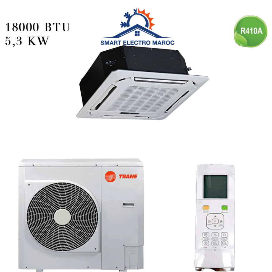 Climatiseur TRANE Cassette 18000 BTU On-Off 5.3 kW, parfait pour bureaux et commerces avec une diffusion homogène de l’air et faible consommation d'énergie.