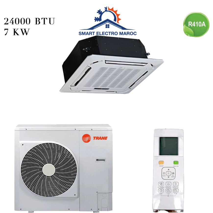 Climatiseur TRANE Cassette 24000 BTU On-Off 7 kW, idéal pour grands espaces commerciaux, avec diffusion homogène de l’air et faible consommation d'énergie.