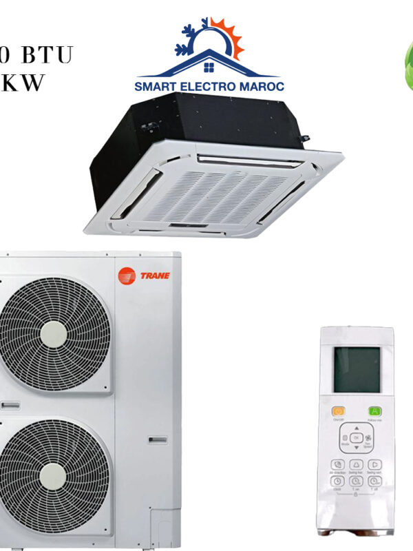 Climatiseur TRANE Cassette 48000 BTU On-Off 14 kW, idéal pour les grands espaces commerciaux avec diffusion homogène de l’air et faible consommation énergétique.