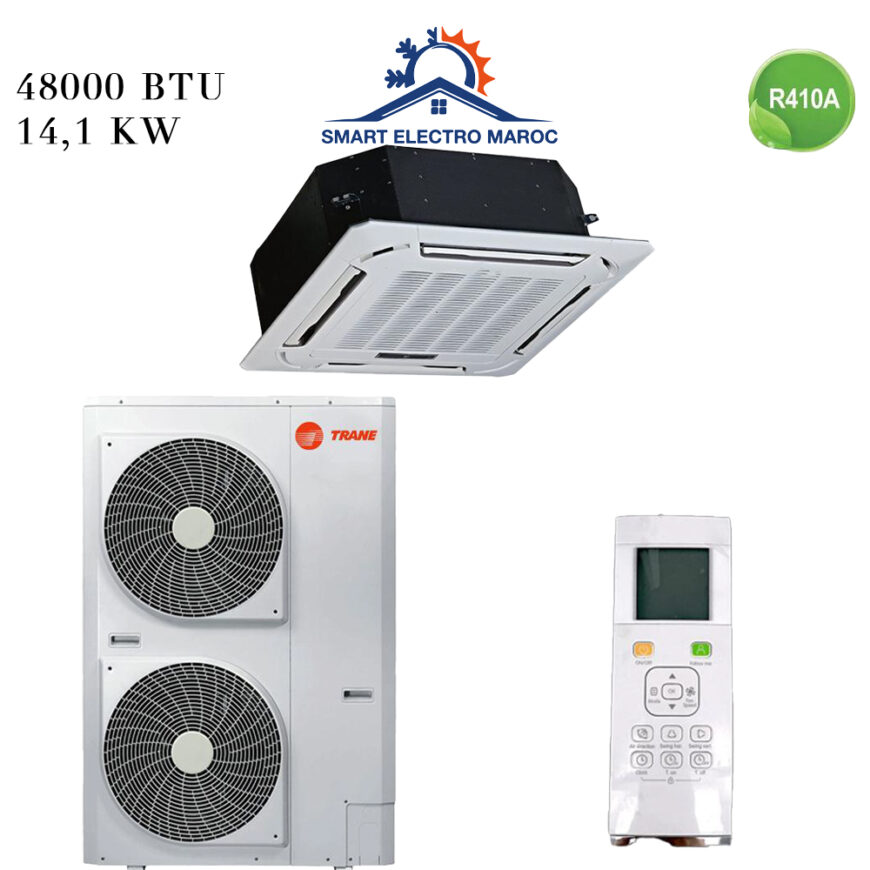 Climatiseur TRANE Cassette 48000 BTU On-Off 14 kW, idéal pour les grands espaces commerciaux avec diffusion homogène de l’air et faible consommation énergétique.