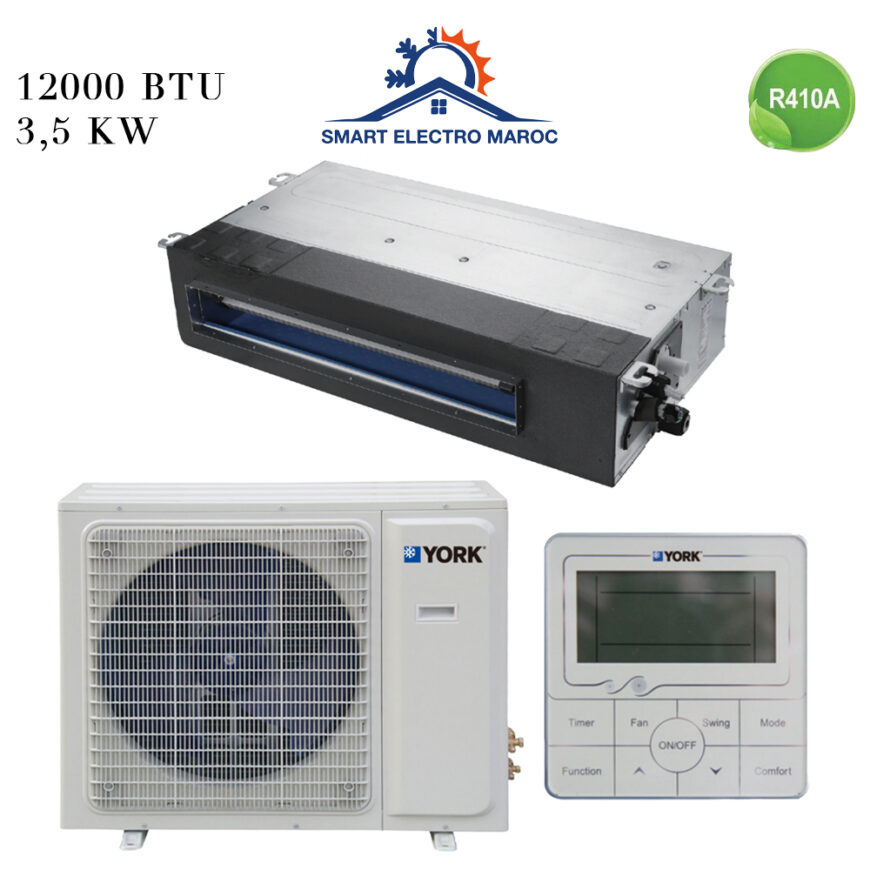 Climatiseur York Gainable 12000 BTU Inverter 3.5 kW, idéal pour petites et moyennes surfaces, offrant confort et économies d’énergie.
