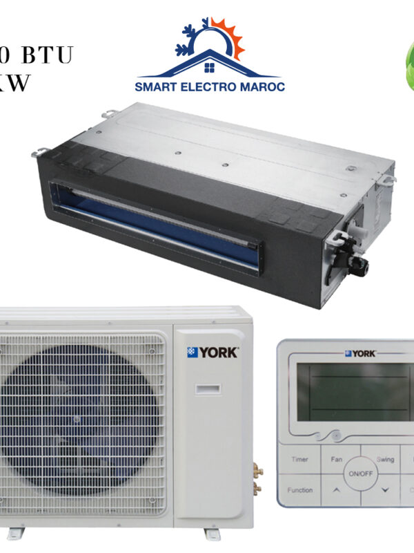 Climatiseur York Gainable 18000 BTU Inverter 5.3 kW, idéal pour les moyennes surfaces, offrant performance et économies d’énergie.